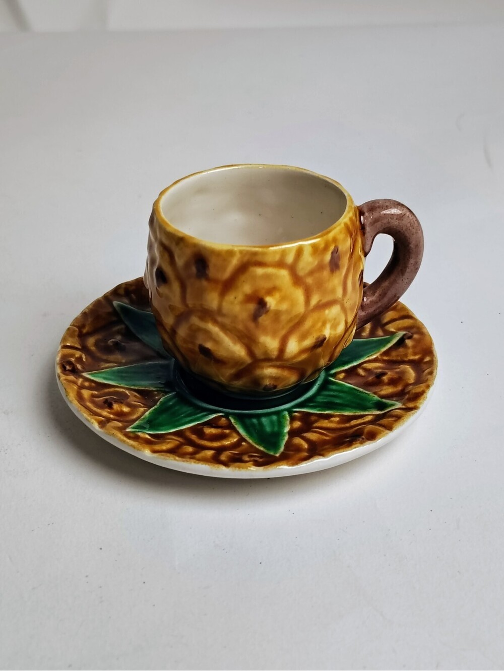 Vintage Portugal Majolica Pineapple Espresso Cup Saucer Set 5321 Ceramic Glaze